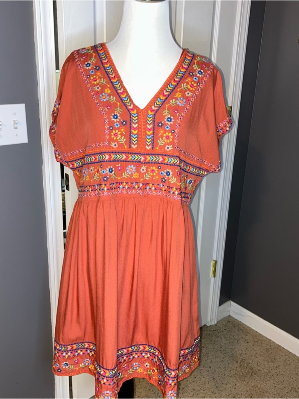 NWT Savanna Jane Orange Terracotta Embroidered Baby Doll Boho Dress Size Small